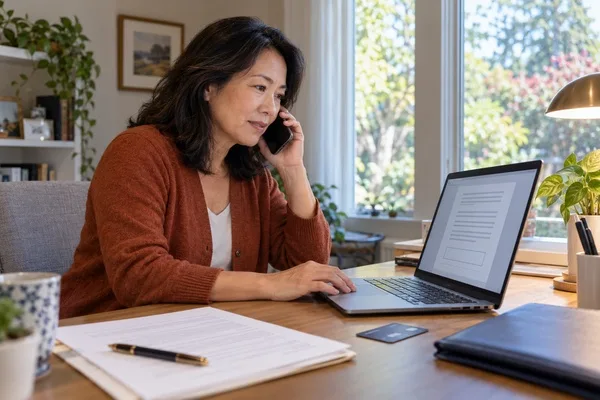 Woman speaks on the phone while reviewing an electronic document on her laptop at home.